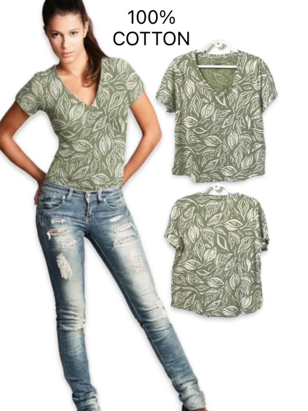 Green Leaf Print V-Neck 100%Cotton Women's Top 🔥 Size Large